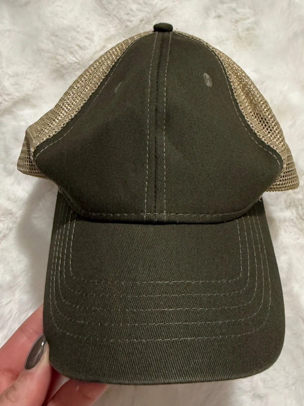 George Olive Front with Tan Mesh Trucker Hat
